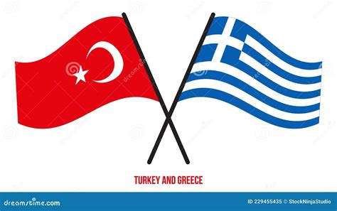 Turkey And Greece Flags Crossed And Waving Flat Style Official