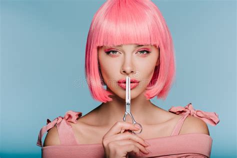 Sensual Glamor Naked Girl Posing In Grey Wig Isolated Stock Photo