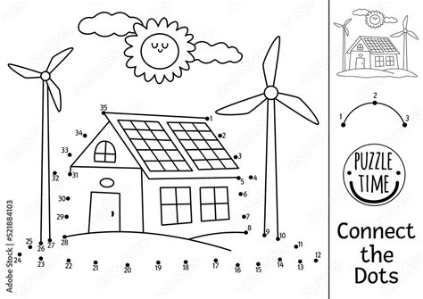 Vector Dot To Dot And Color Activity With Cute Eco House And Wind Turbines Ecological Connect