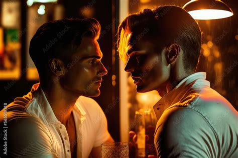 Male Gay Couple In Their Moment Of Intimacy At Night In A Night Club