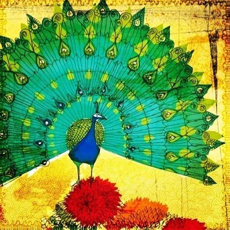 A Painting Of A Peacock With Feathers Spread Out