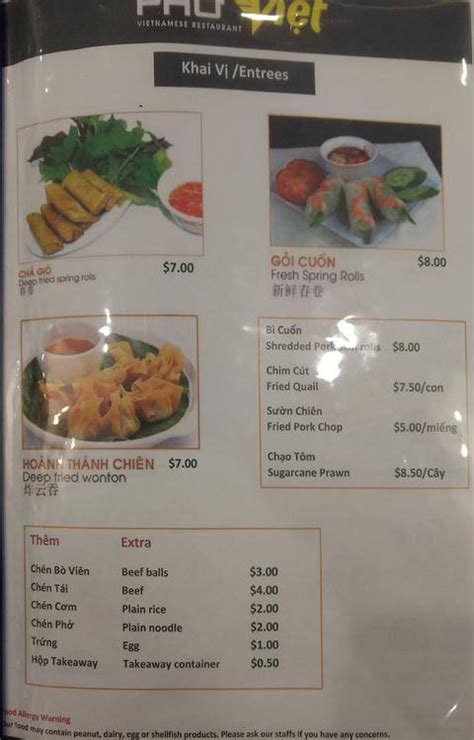 Menu At Pho Viet Restaurant Cabramatta