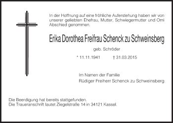 Traueranzeigen Von Erika Dorothea Freifrau Schenck Zu Schweinsberg