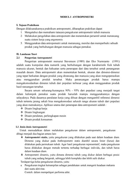 Modul 1 Praktikum Antropometri MODUL I ANTROPOMETRI I Tujuan