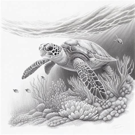 Realistic Sketch Of A Majestic Sea Turtle Swimming Over A Coral Reef