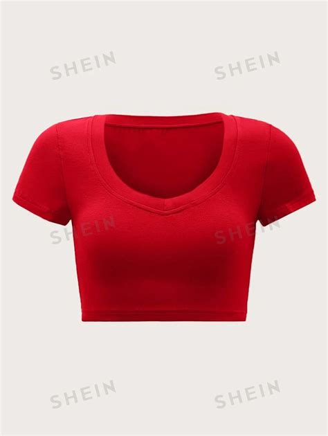 Shein Ezwear Summer Solid Bright Red V Neck Crop Slim Fit Short Sleeves