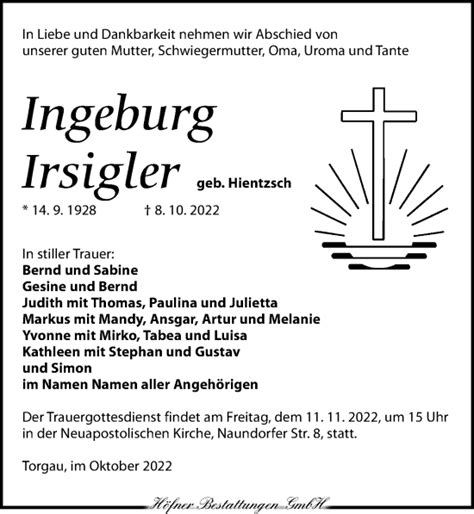 Traueranzeigen Von Ingeburg Irsigler Trauer Anzeigen De