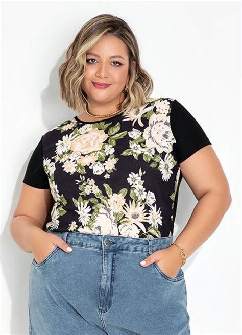 Blusa Floral Preta Gota Nas Costas Plus Size Marguerite