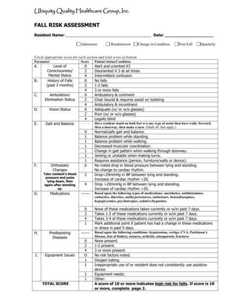 Fall Risk Assessment Form Fall Risk Assessment Fall Risk Assessment