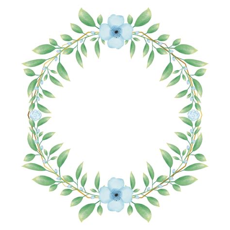 Cadre De Cercle Doré Avec Couronne Florale De Fleur Aquarelle Bleue