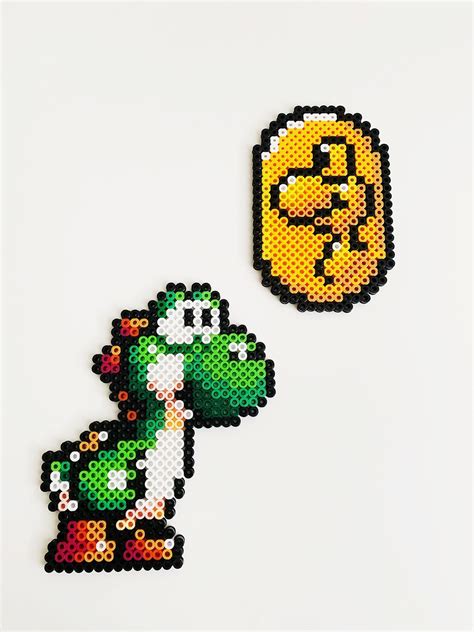 Yoshi And Yoshi Coin Super Mario Yoshis Island Sprites Wall Hangings Etsy Nerdy Perler Beads