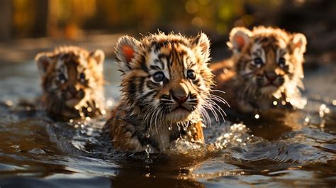 Premium AI Image | Three Tiger babies playing on water