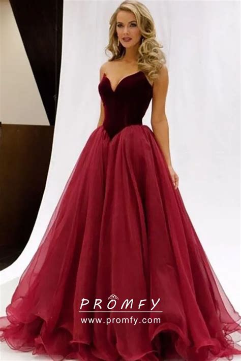 Burgundy And Crimson Basque Waist Velvet And Tulle Classic Ball Gown