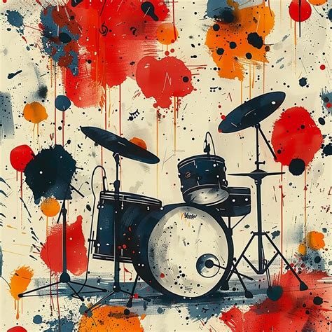 A Painting Of A Drum Set With A Paint Splash And A Drum Set Premium