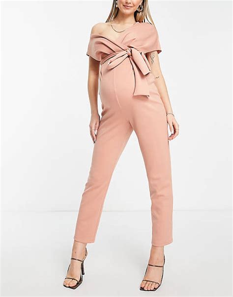 Asos Design Maternity Fallen Shoulder Scuba Jumpsuit In Blush Asos