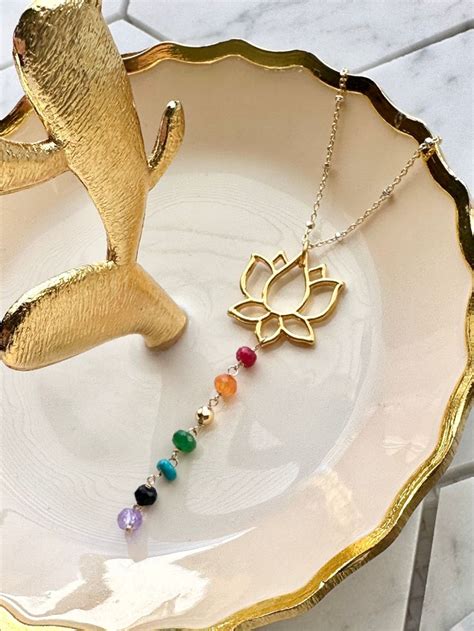 7 Chakras Stone Necklace Chakra Healing Gemstone Necklace Gold Lotus Flower Necklace Rainbow