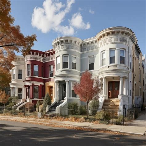 Premium Ai Image Row Houses Framed By Autumn Leaves In Classical Revival Style