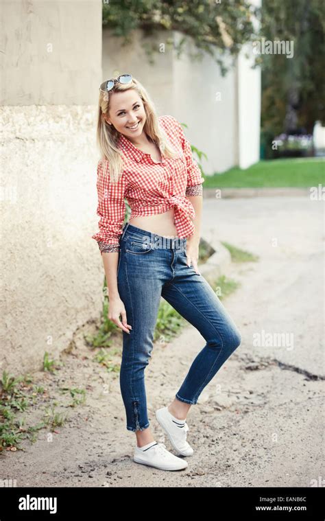 Beautiful Blonde Girl Portrait On The Street Stock Photo Alamy