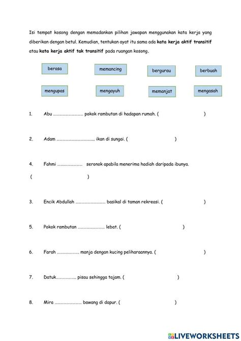 Kata Kerja Aktif Transitif Dan Kata Kerja Aktif Tak Transitif Interactive Worksheet Workbook