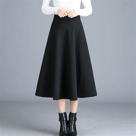 Autumn Winter Skirt Women Long Black Vintage Woolen Skirt Elegant High