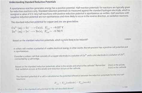 Solved Understanding Standard Reduction Potentials A