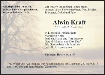 Traueranzeigen Von Alwin Kraft Schwarzw Lder Bote Trauer