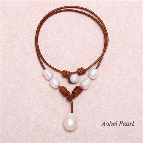 Aobei Pearl Handmade Necklace Made Of Freshwater Pearl And Genuine Leather Cord Pearl Necklace