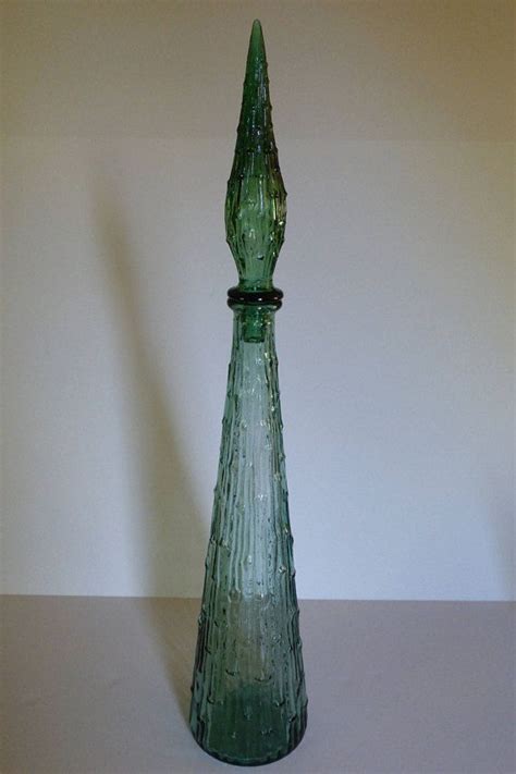 60s Mid Century Modern Tall Green Glass Decanter Genie Etsy Glass