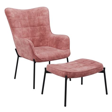 Corliving Charlotte Salmon Pink Velvet Wingback Accent Chair With Stool