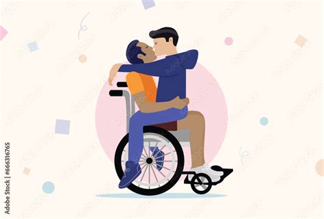 Happy Disabled Gay Men Kissing And Hugging On Wheelchair People In Love With Handicapped