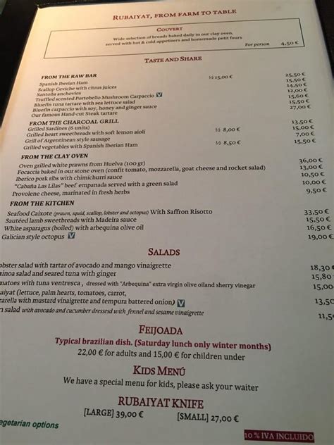 Carta De Parrilla Rubaiyat Madrid Madrid