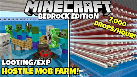 Minecraft Bedrock: Hostile MOB FARM! 7,000 Drops|Hour, With EXP! Village And Pillage Update