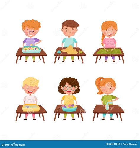 Cute Kids Standing at Table and Playing with Water, Grains and Sand Set