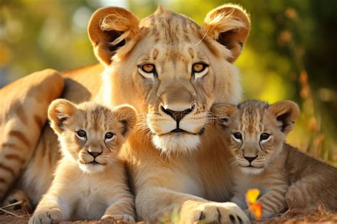 Cute Young Lion Cubs with Their Mother Stock Illustration ...