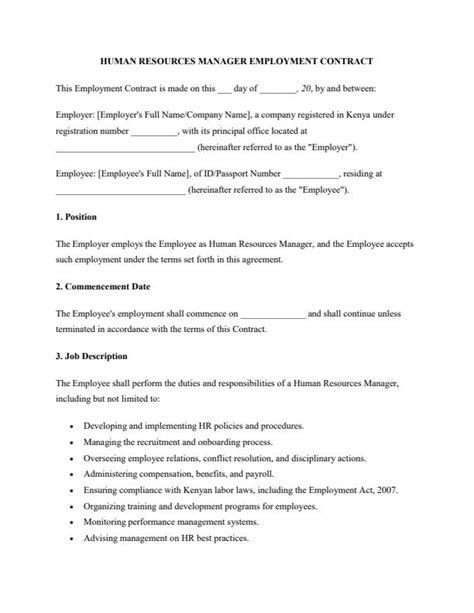 Human Resources Manager Employment Contract In Kenya