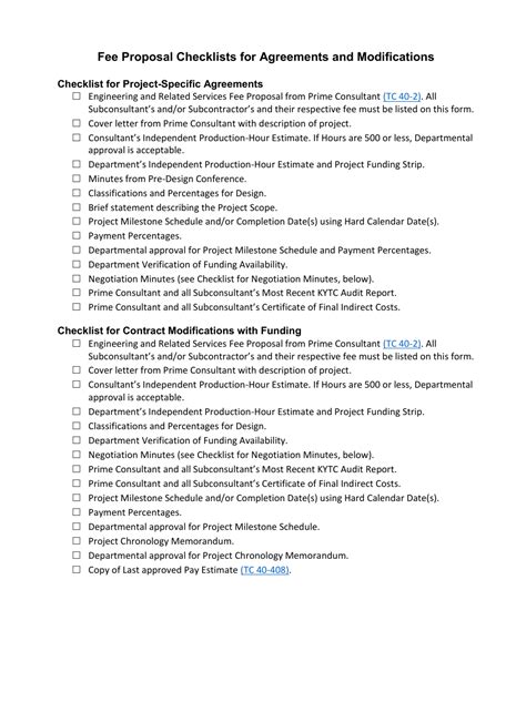 Kentucky Fee Proposal Checklists For Agreements And Modifications