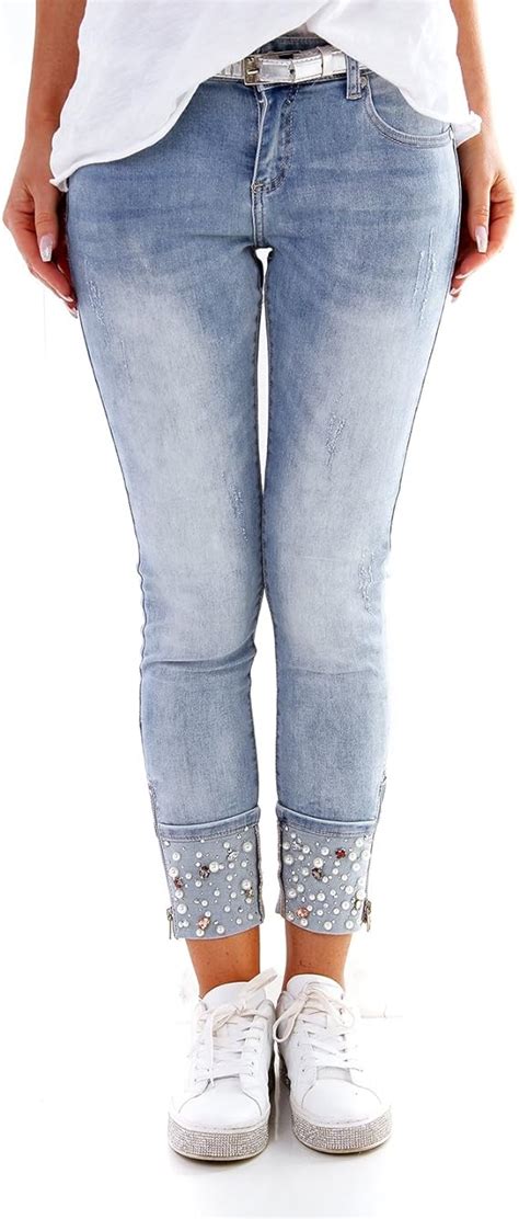 Damen 7 8 Jeans Hose Mit Perlen Glitzer Steine Strass Denim Skinny