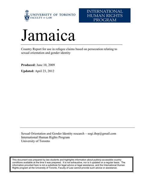 Jamaica Country Report For Use In Refugee Claims Based On Persecution Relating To Sexual