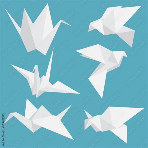 Set of paper cranes origami birds isolated. Vector illustration. Stock ...