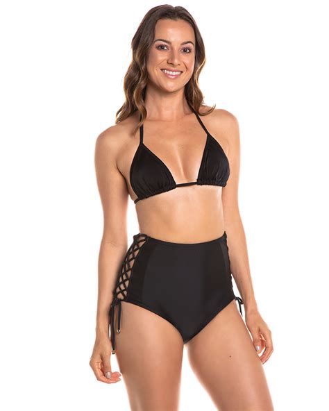 Calcinha De Biqu Ni Hot Pants Cintura Alta Tran Ado Na Lateral Preta