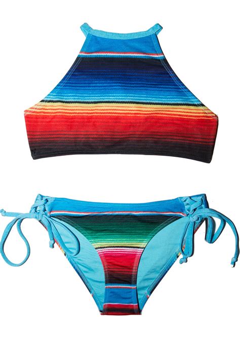 2 Piece Striped Multi Color Youth Girls Swimsuit Set With Halter Top