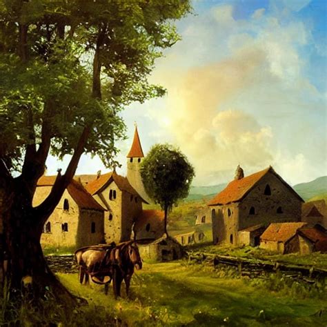 Landscape Painting Of Small Medieval Village Surrounded By Plains And
