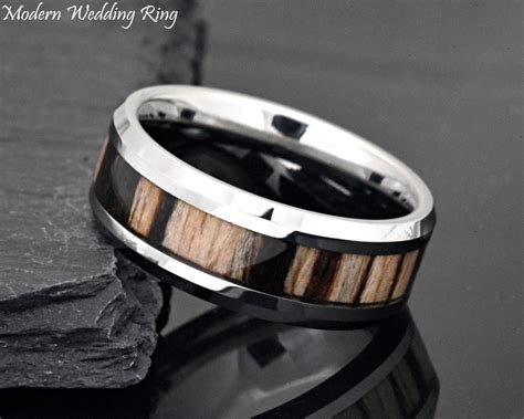 Zebra Wood Inlay Wedding Band Tungsten Wedding Ring Mens Engagement