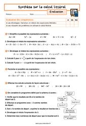 Calcul littéral 3ème Exercices cours évaluation révision pdf à