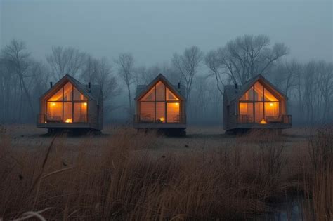 Misty Night At Three Small Cabins In The Middle Of A Field Premium Ai