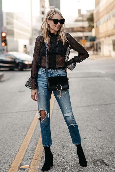 Blonde Woman Wearing Anine Bing Black Lace Top Chloe Faye Black Handbag