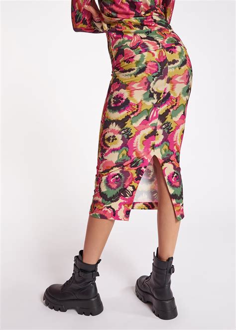 Multicolor Floral Print Ruched Stretch Jersey Midi Skirt