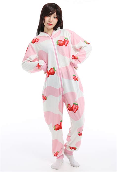 Women Cute Milk Cow Pattern Jumpsuit Style Onesies Outfit Pink And White Strawberry Pattern