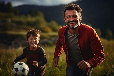 Padre E Hijo Jugando Al F Tbol Con Una Pelota Foto Premium