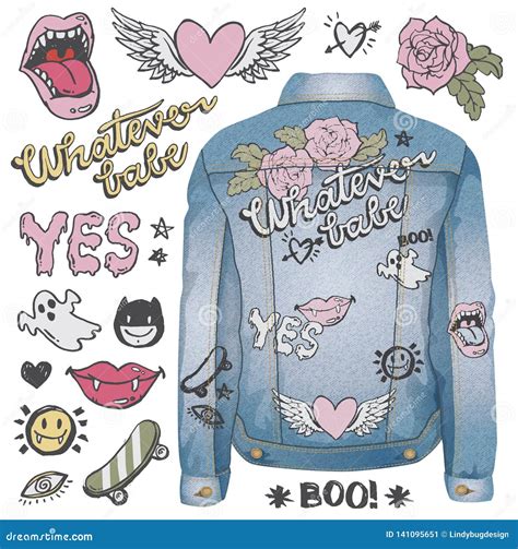 A Set Of Retro Pop Culture Grunge Doodles On A Denim Jacket Stock